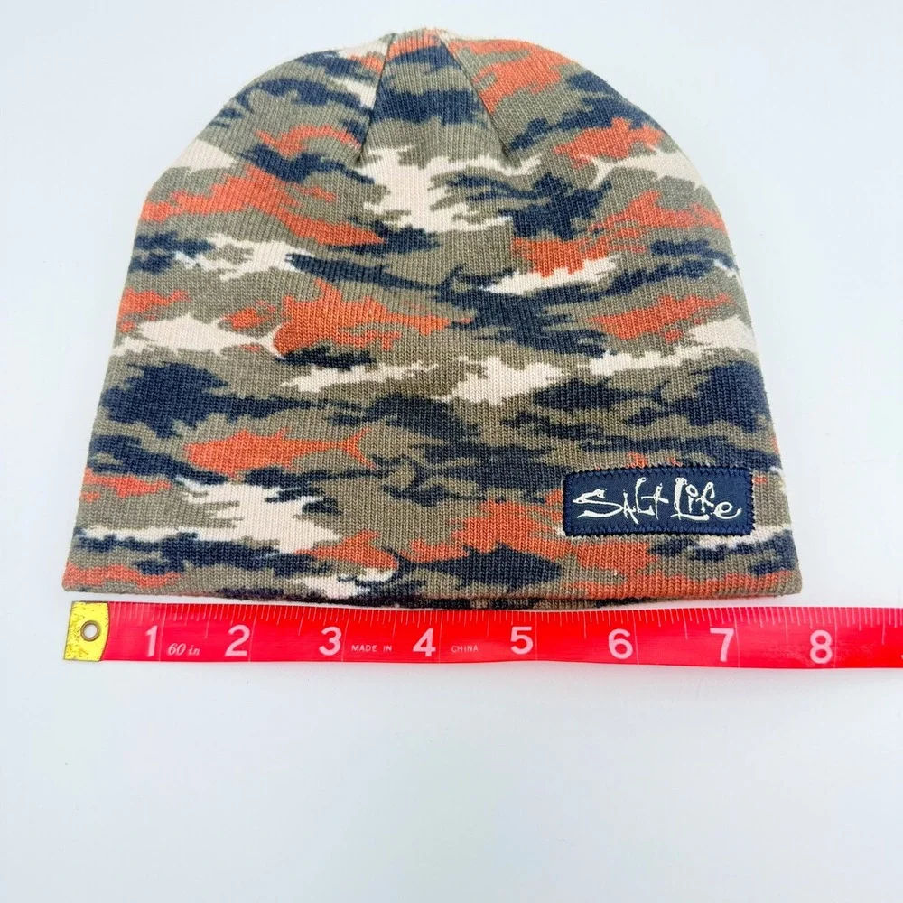 Salt Life Kids Youth Beanie Hat Camo Fish Pattern Knit Skull Cap Orange Green